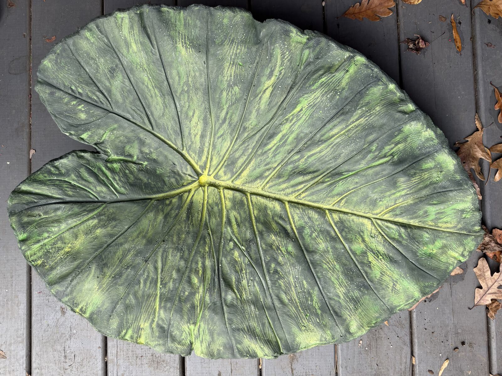 A giant Colocasia leaf cast in concrete and painted deep green, photographed from above